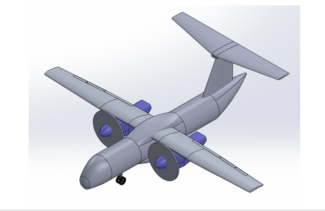SolidWorks CAD model of the redesigned ATR 42-600 with twin ducted hybrid-electric propulsors and high T-tail.