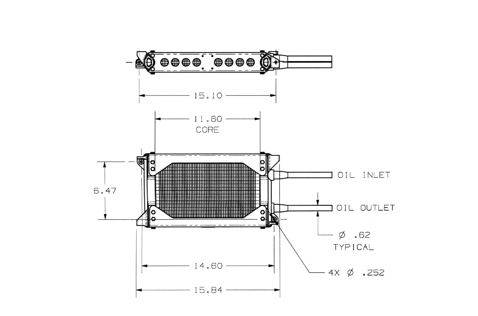 Engineering drawing of the finned shell-and-tube fuel-cooled oil cooler showing oil inlet/outlet and core dimensions.