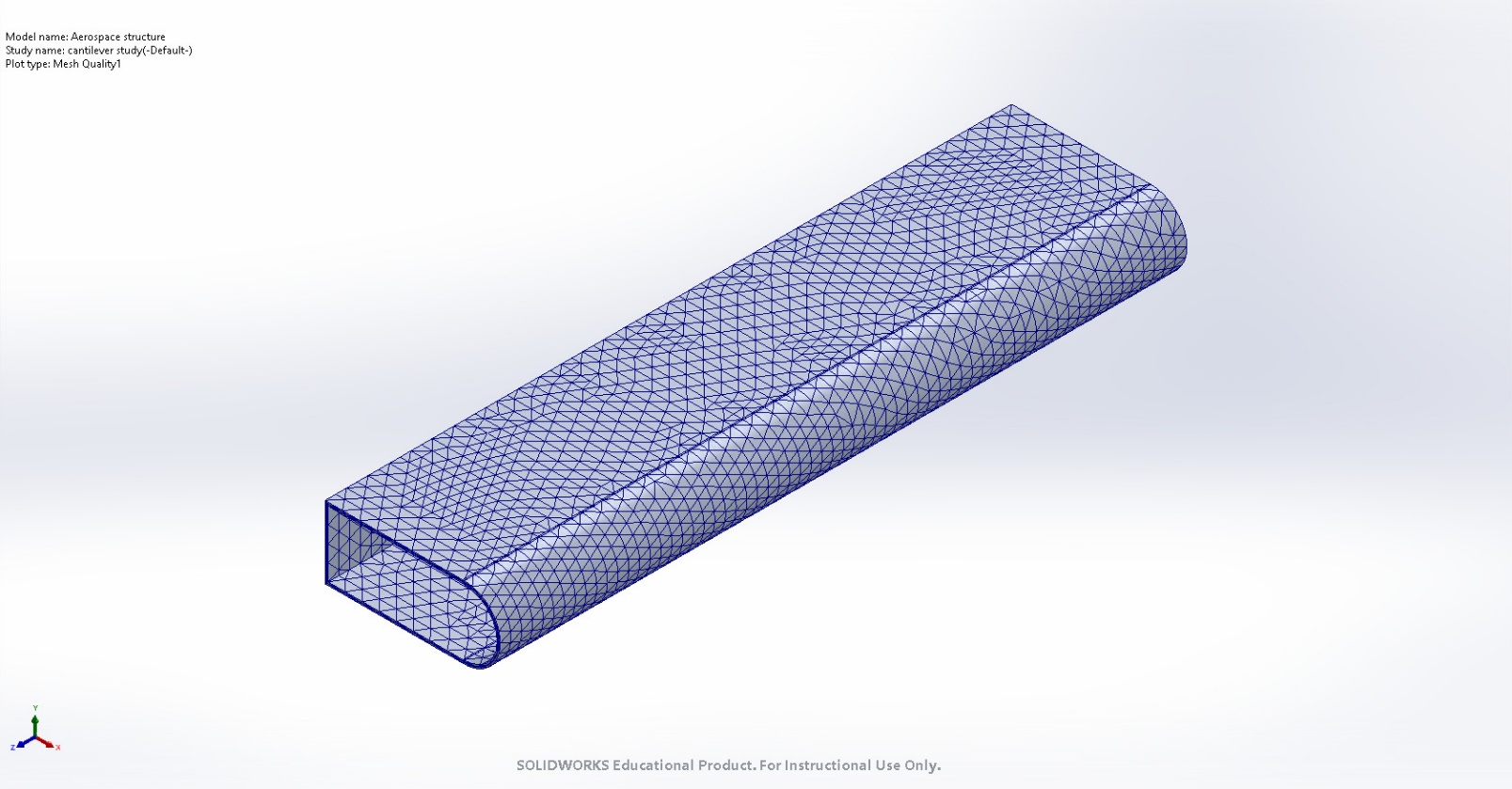 Curvature-based solid mesh of the thin-walled wing cross-section in SolidWorks Simulation.