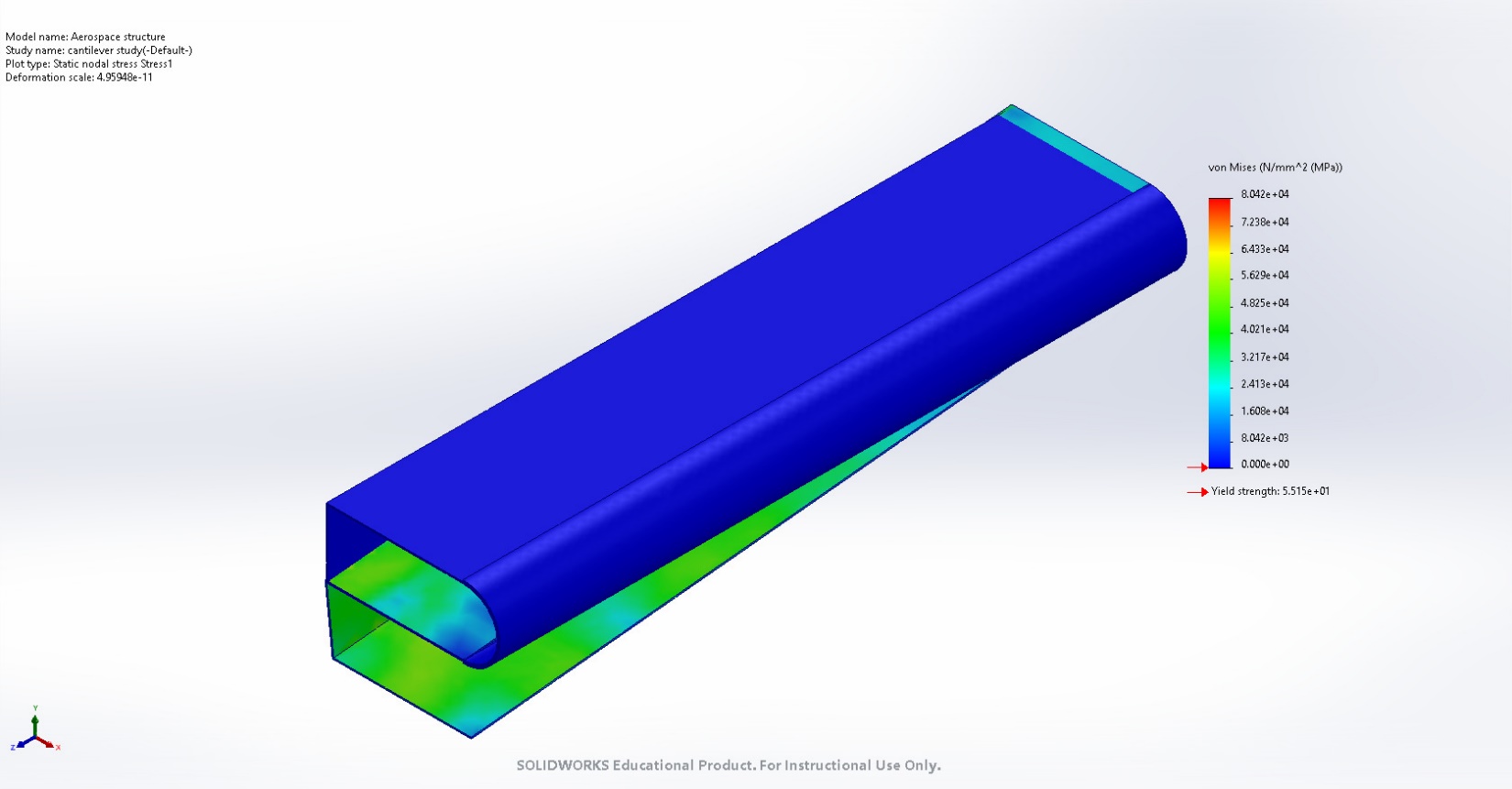 SolidWorks Simulation von Mises stress contour plot of the cantilever wing section under a 7,700 N tip load.